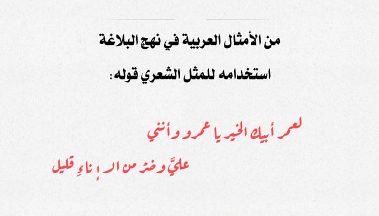 من الأمثال العربية في نهج البلاغة استخدامه للمثل الشعري: قوله: لعمر أبيك الخير يا عمرو وأنني ..... عليَّ وضرٌ من الإنــــــاءِ قليل